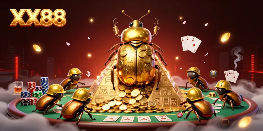 Engage in exciting betting action at XX88, featuring golden beetles symbolizing wealth alongside colorful poker elements.