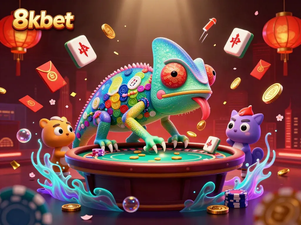 Experience vibrant 8xbet casino action with a chameleon owner at a bustling gaming scene.
