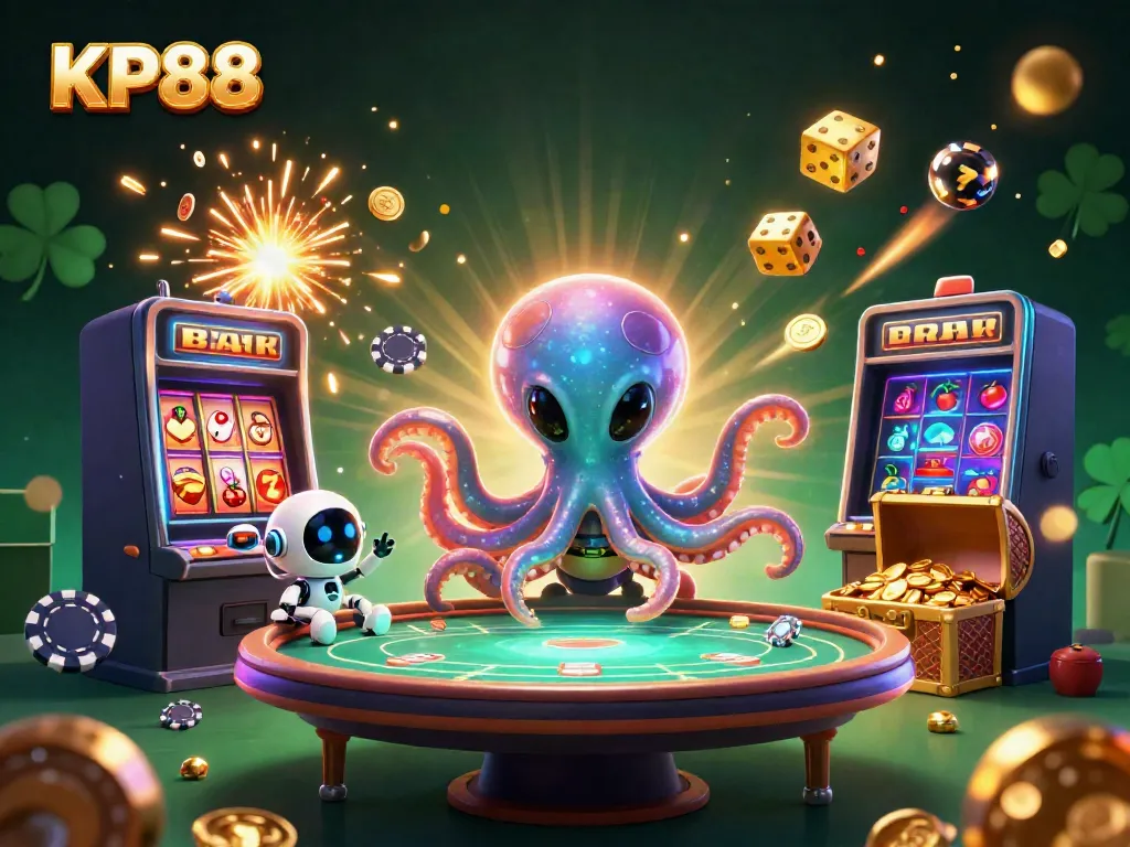 Experience the galaxy's finest gaming at KP88 with an alien octopus dealing cards and jackpot elements, showcasing intergalactic fun.