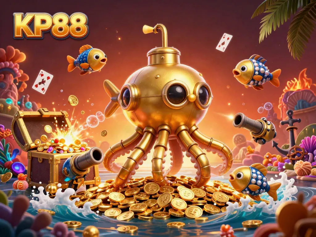 Join the thrilling KP88 adventure in a vibrant, dynamic casino-themed ocean illustration.