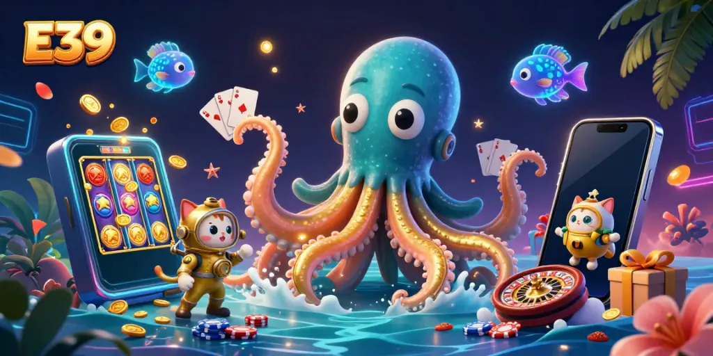 E39's thrilling treasure hunt showcases the kraken and diving cat amidst vibrant casino games.
