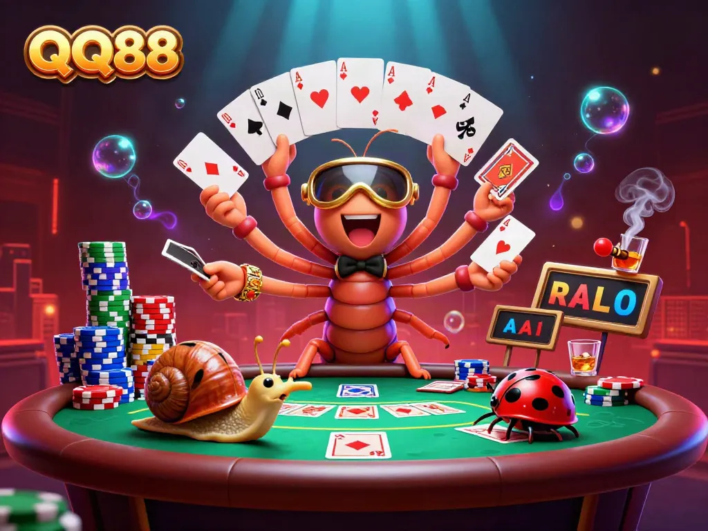 Experience the excitement of QQ88 with lively characters and vibrant casino elements in this dynamic 3D illustration.
