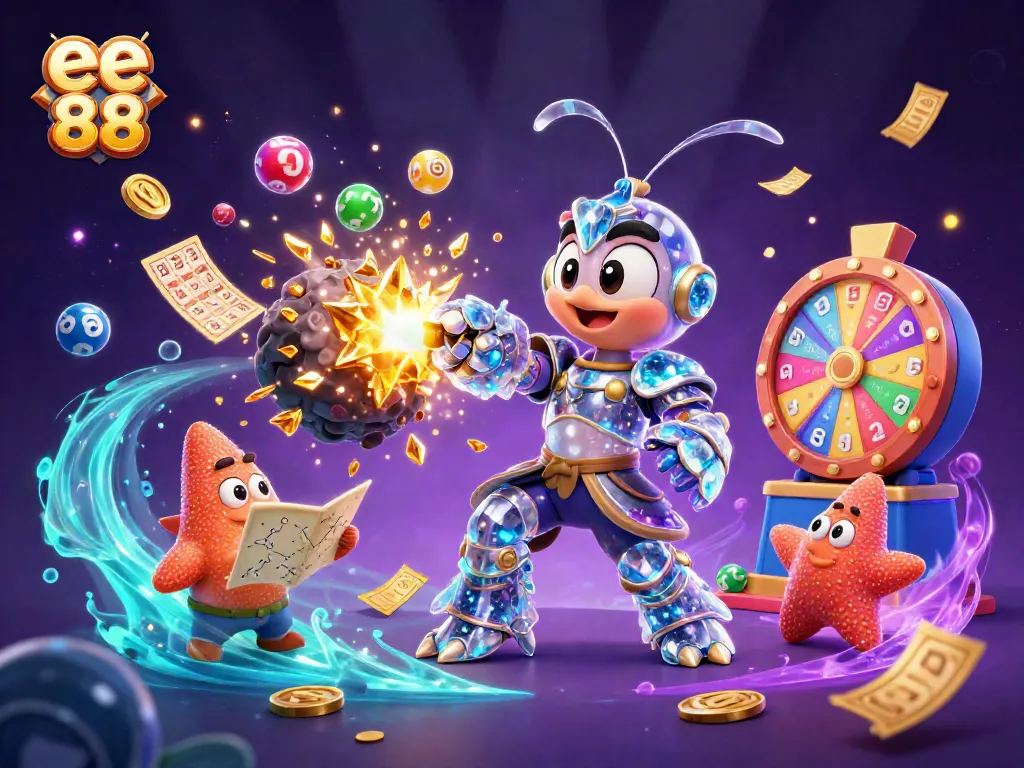 Experience thrilling wins with ee 88 as vibrant lottery balls and golden prizes explode in a cosmic casino.