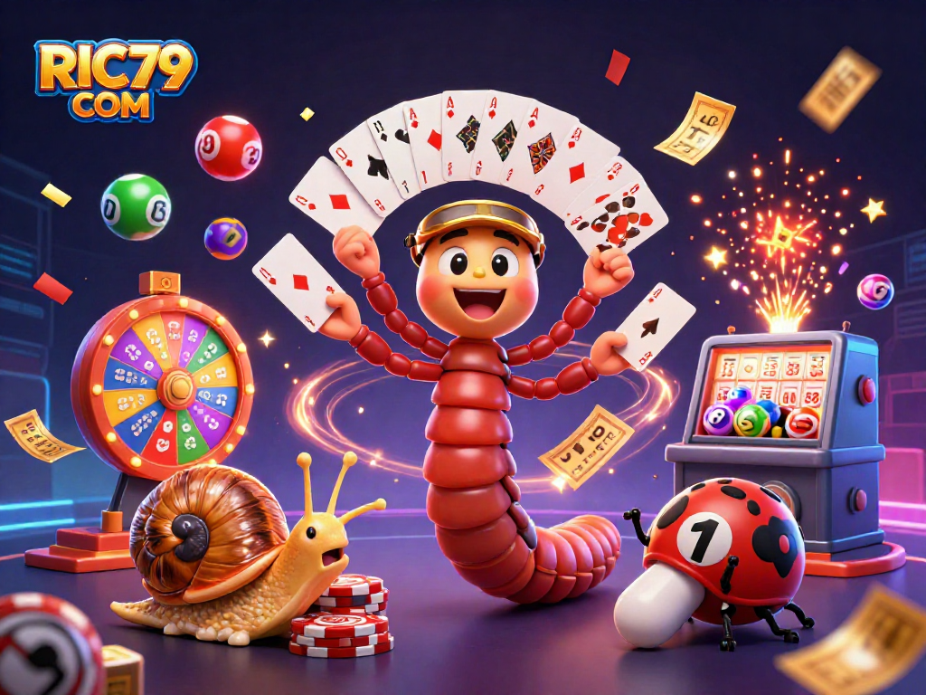 Join the fun at RIC79 COM with a lively 3D casino scene featuring whimsical characters and exciting game elements.