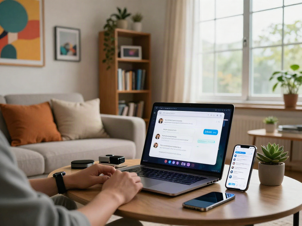 User exploring nsfw ai chat features on a laptop in a modern living room setting, highlighting engagement with innovative technology.
