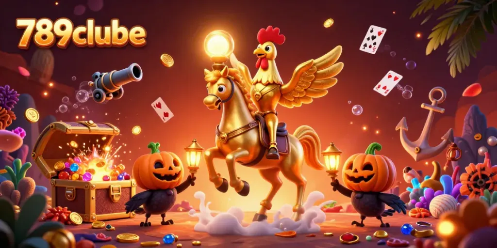 Experience the thrill at 789clube with vibrant casino adventure featuring a golden rooster and companions.