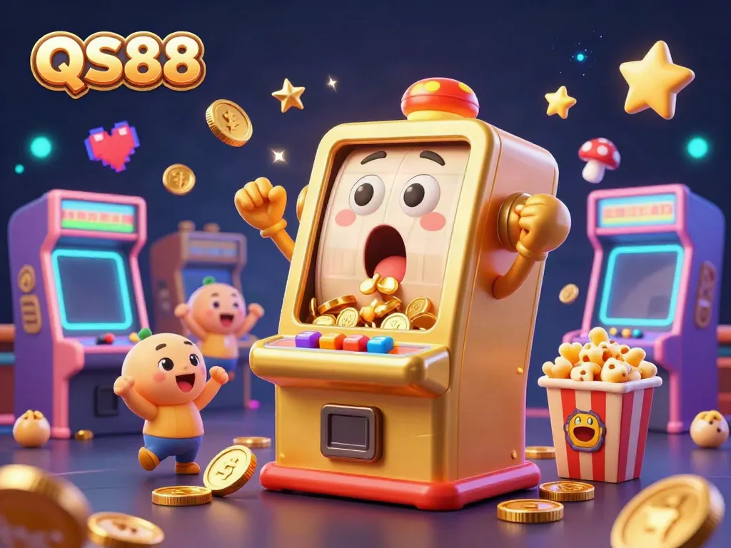 Experience the excitement of QS88 with a cartoon slot machine celebrating its jackpot amidst vibrant casino elements.
