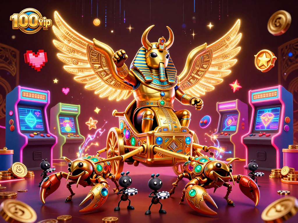 Join the thrilling adventure of 100vip where a golden scarab leads the game with vibrant casino elements.