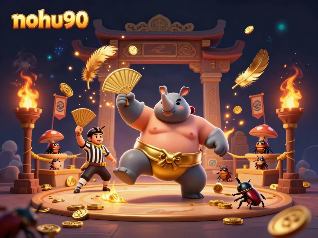 Experience the excitement of nohu90 with a cartoon beetle champion and vibrant casino elements.