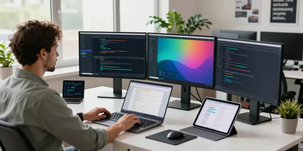 Instant indexing in a productive tech workspace with dual monitors and coding.