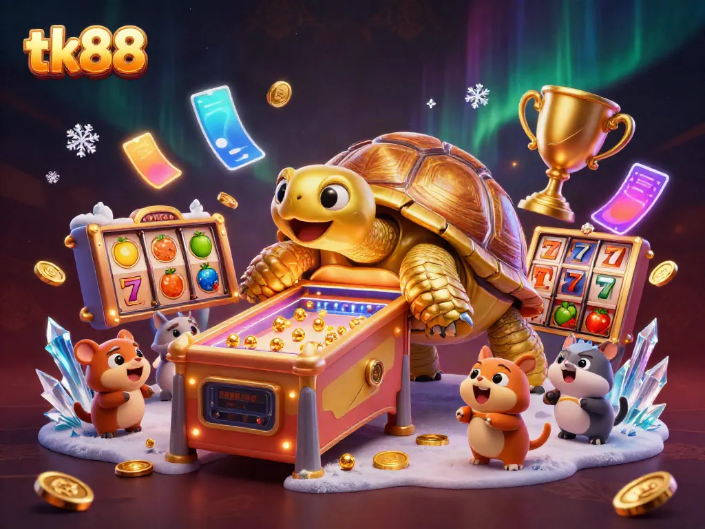 tk88 jackpot scene with a colossal golden tortoise pinball machine and lively characters
