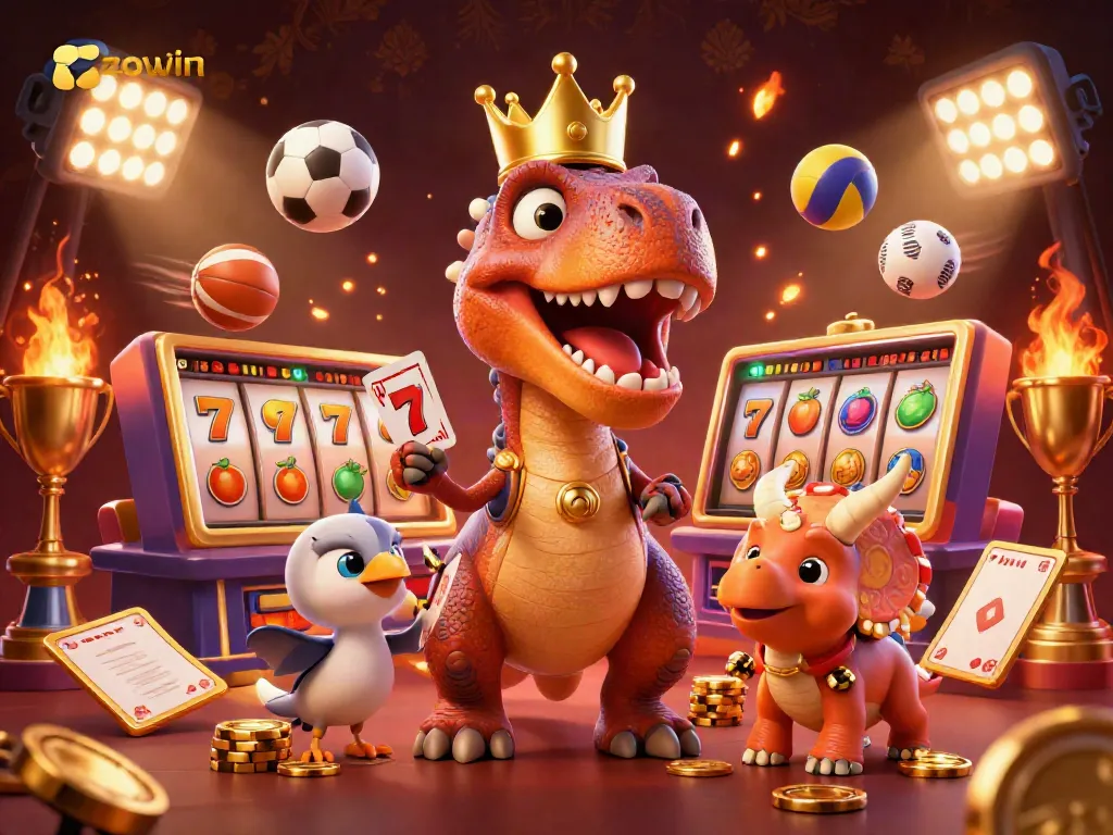 Zowin casino scene with playful T-Rex and friends shuffling cards, showcasing gaming excitement.