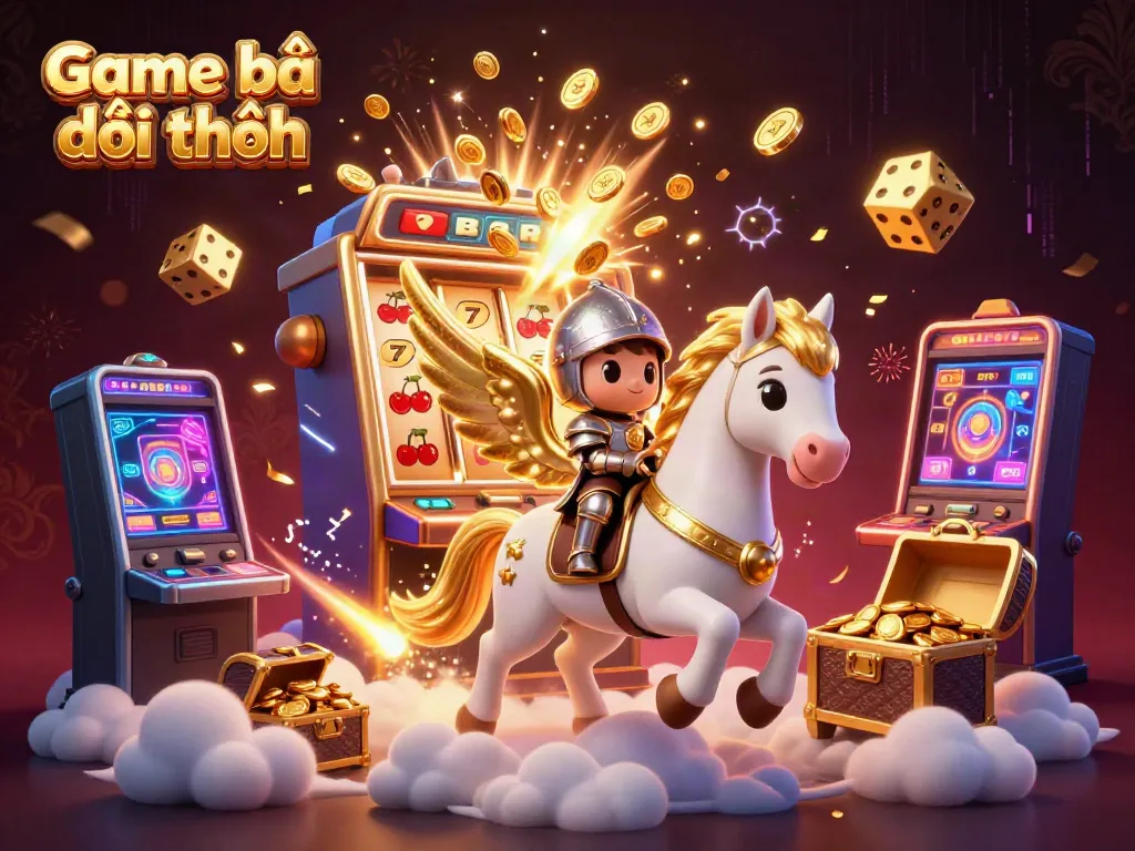 Experience the thrill of Game bài đổi thưởng with a mystical scene of a heavenly horse and knight alongside jackpots and casino elements.