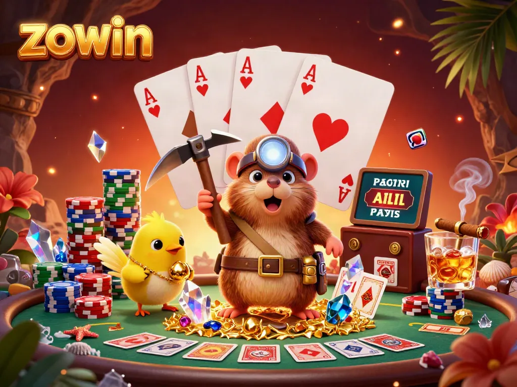 Experience the thrill of zokwin casino with a vibrant treasure hunting scene filled with poker elements.