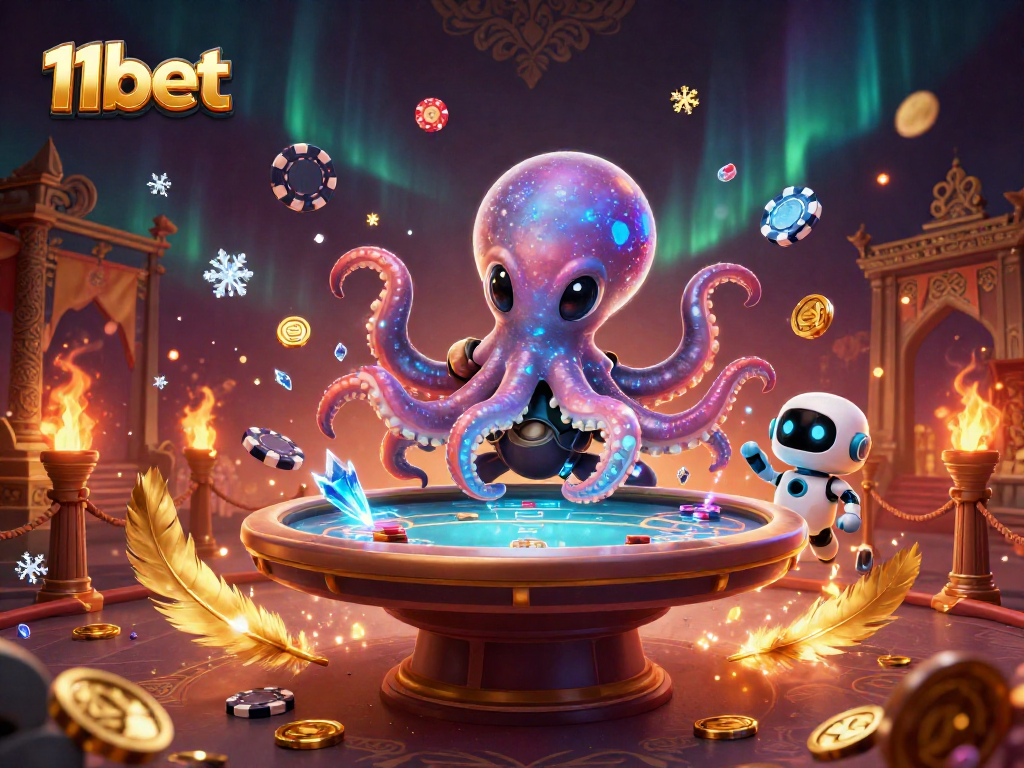 Engage in thrilling games at 11bet with an alien octopus and robot surrounded by rich casino elements.
