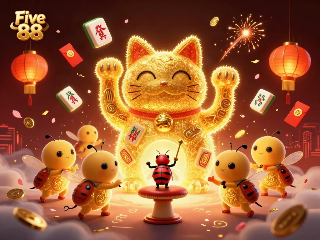 Engage with Five 88 and witness a giant lucky cat made of fireflies amidst vibrant casino symbols.