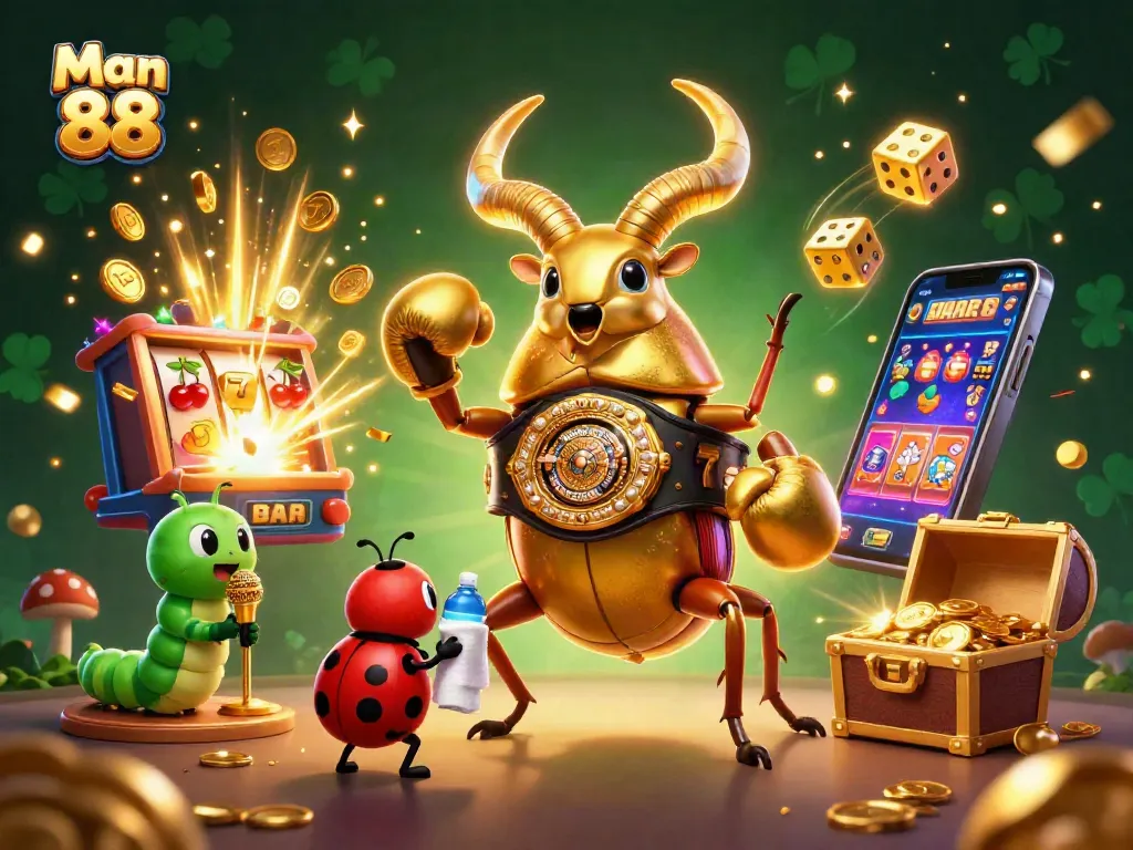 Experience thrilling gaming excitement with Man 88 as colorful casino games surround dynamic characters.