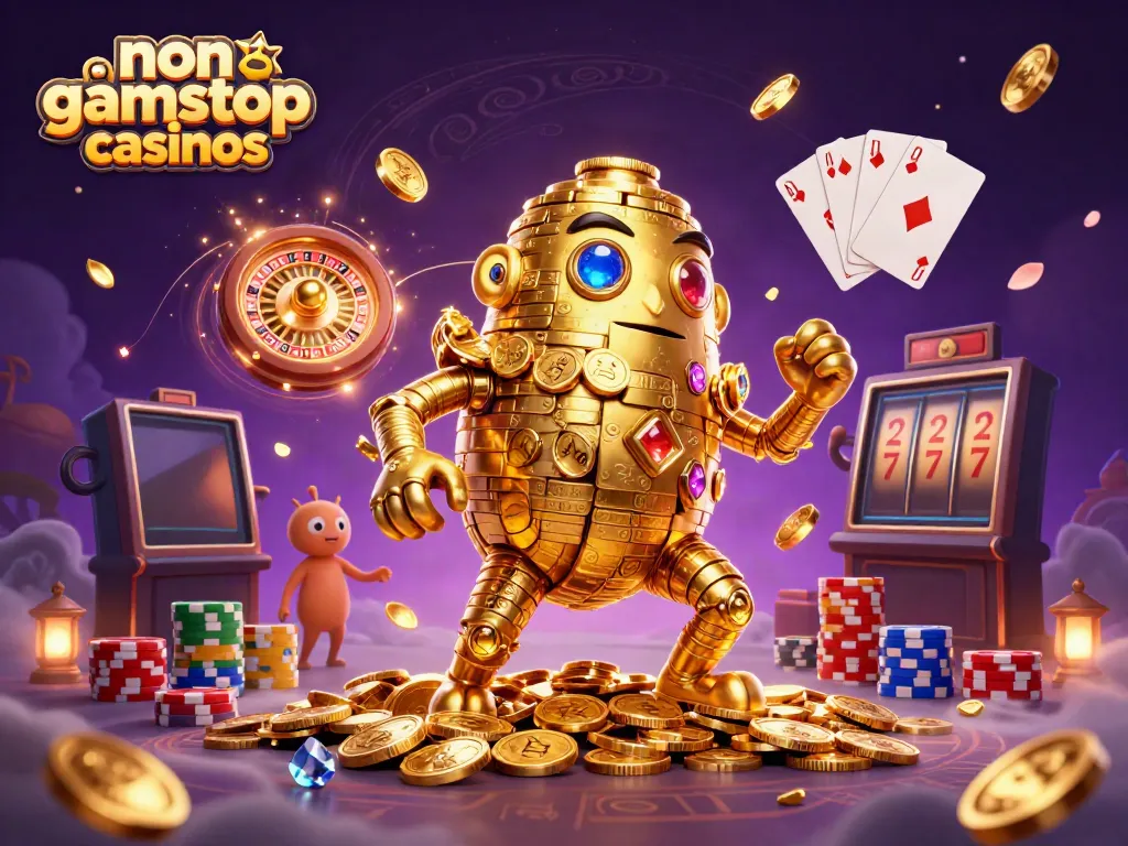 Experience non gamstop casinos with a 3D golden golem, coins, and a roulette wheel in action.