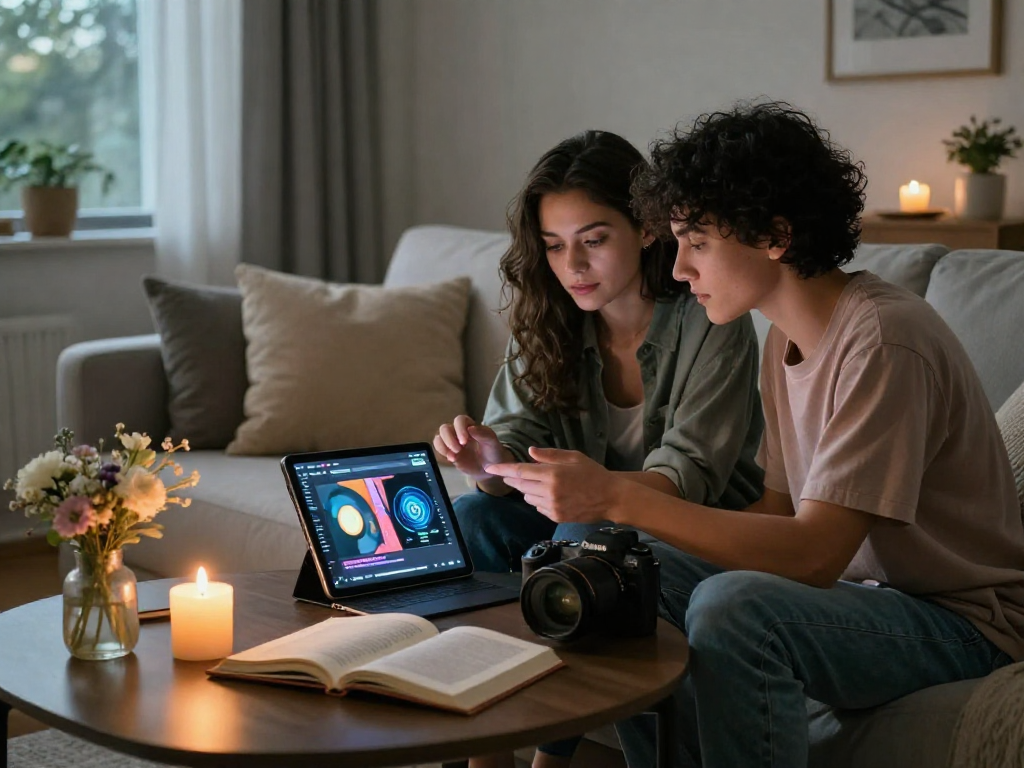 Artistic couple exploring ai sex themes in a cozy, modern space.