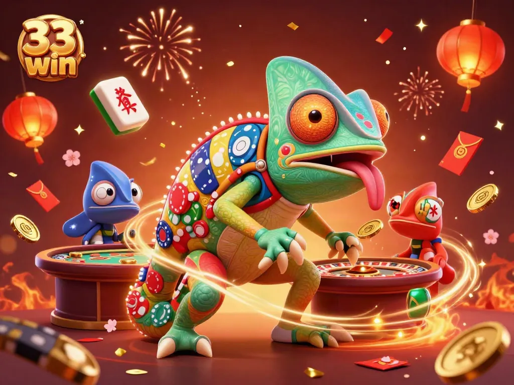 33 win - Celebrate big wins with vibrant casino-themed illustration showcasing chameleon owner and exciting game elements.