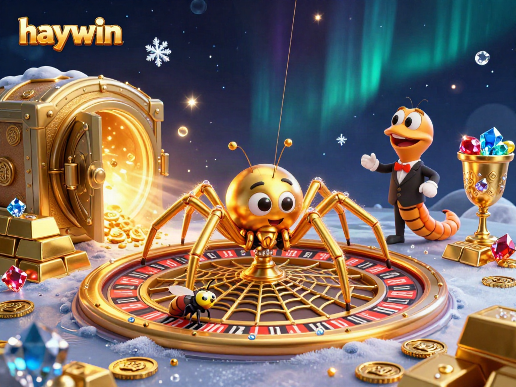 Place bets with haywin at a bustling casino scene featuring a golden spider and fly.