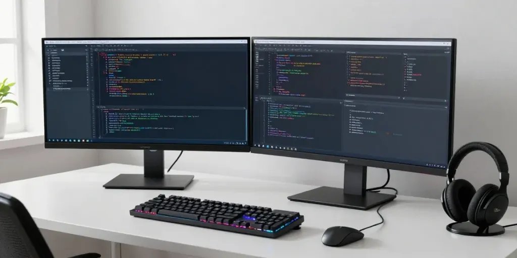 .uk domain search within a professional developer's workspace with coding setup and advanced technology.