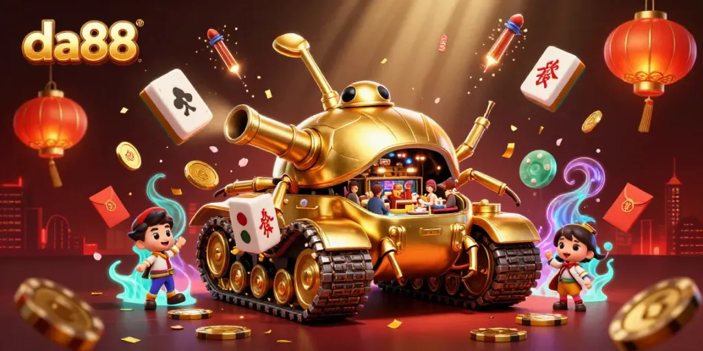 Enter the exciting world of da88 with a vibrant 3D casino scene featuring a golden beetle tank.