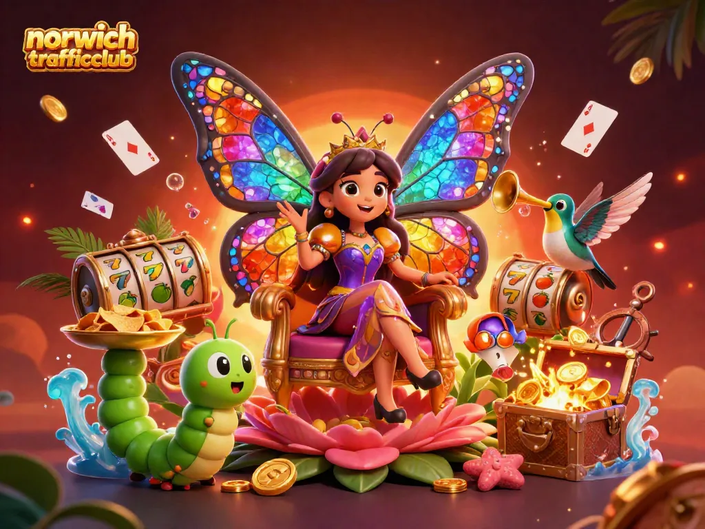 Experience the vibrant world of norwichtrafficclub with a butterfly queen amidst rich casino elements.