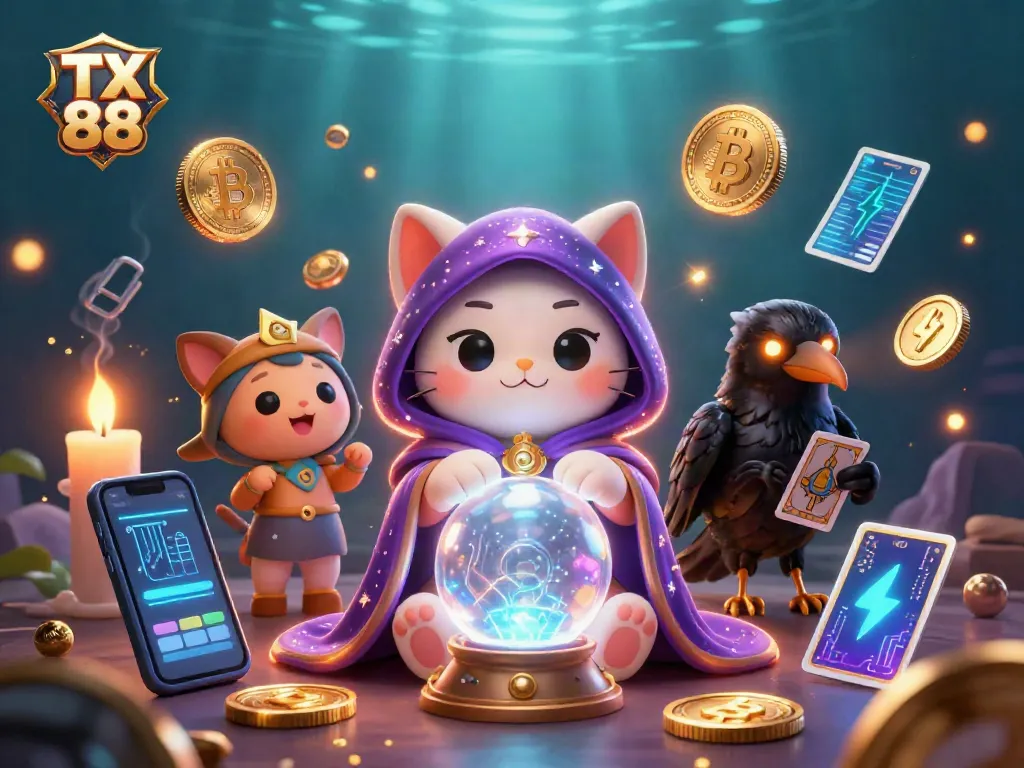 Engage in gaming excitement at TX 88 with vibrant characters amid crypto elements and a mystical backdrop.