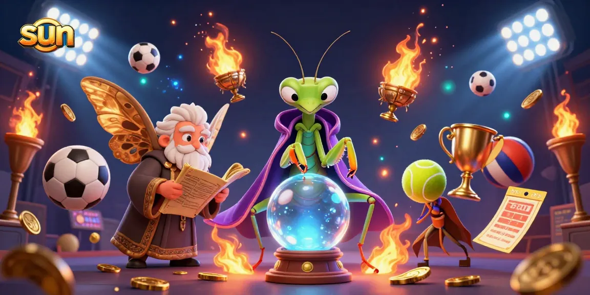 Bet on thrilling sports with sun-inspired fortune teller and moth librarian in vibrant 3D art.
