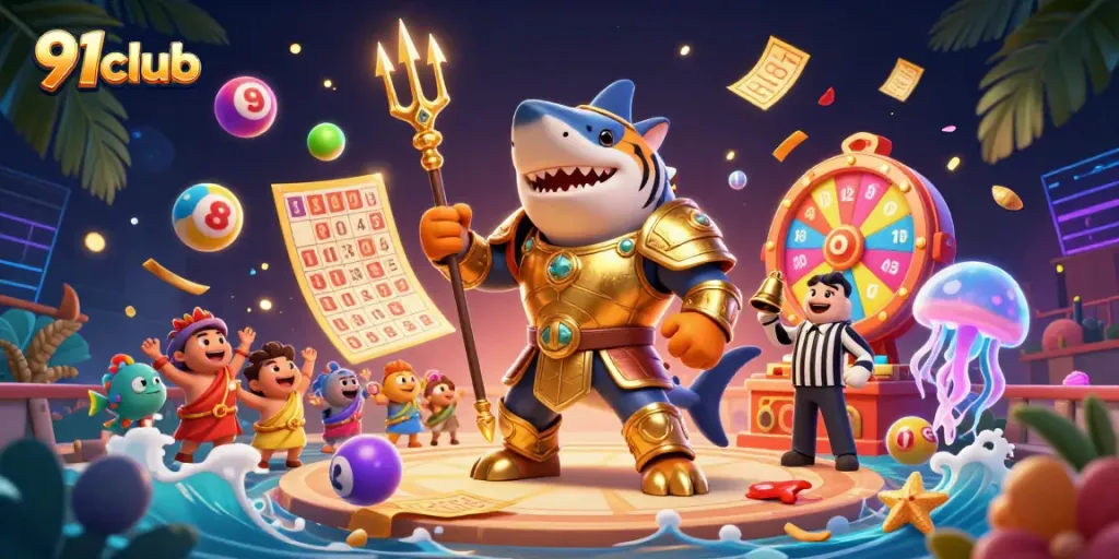 91club casino adventure with a tiger shark and colorful lottery elements, showcasing a vibrant gaming atmosphere.