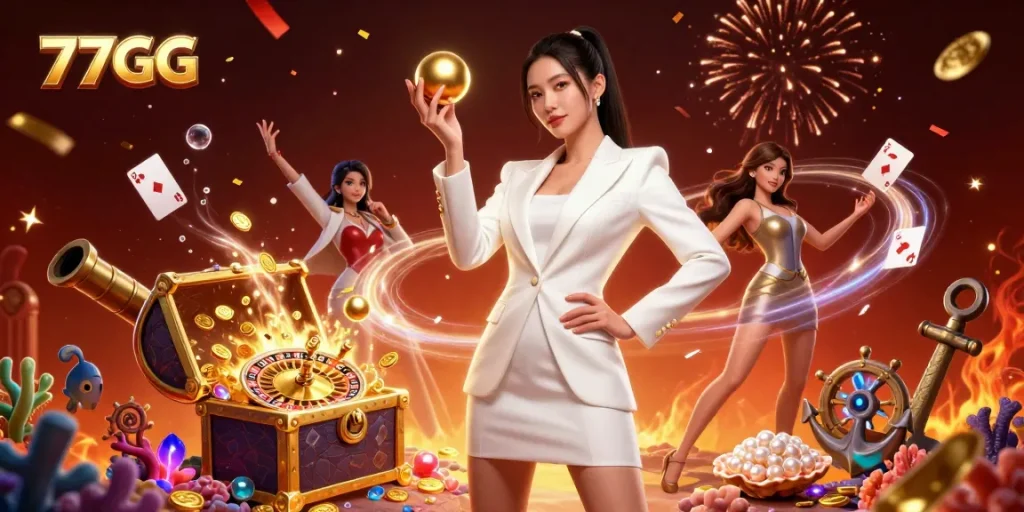 Engage with thrilling betting excitement at 77GG, featuring unique casino elements and a confident player.