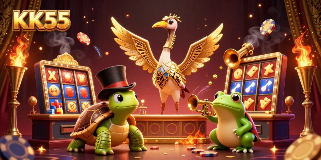 Engage with KK55 by winning at dynamic slots and jackpots featuring vibrant characters and casino elements.