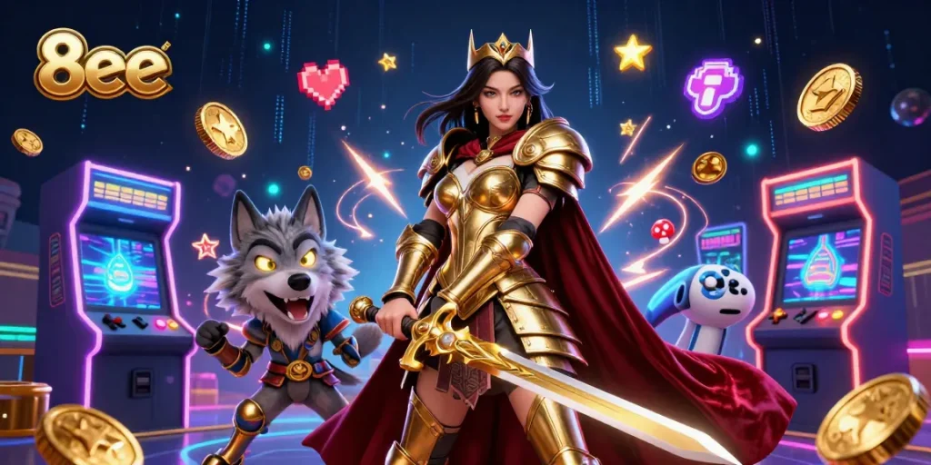 Experience thrilling gaming at 8eee with stunning illustrations featuring epic characters and vibrant casino elements.