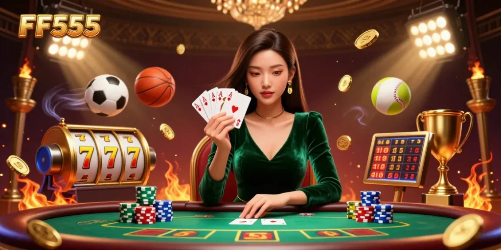 Experience the excitement at FF555 casino with a stunning poker scene featuring high-stakes gameplay and vibrant slot reels.