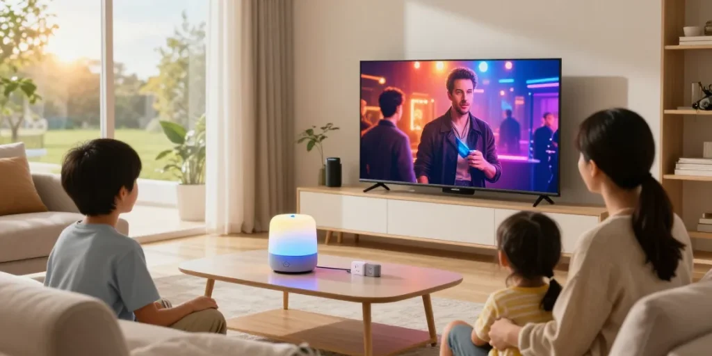 Family enjoying smart home gadgets in a cozy living room with intelligent lighting and smart TV.