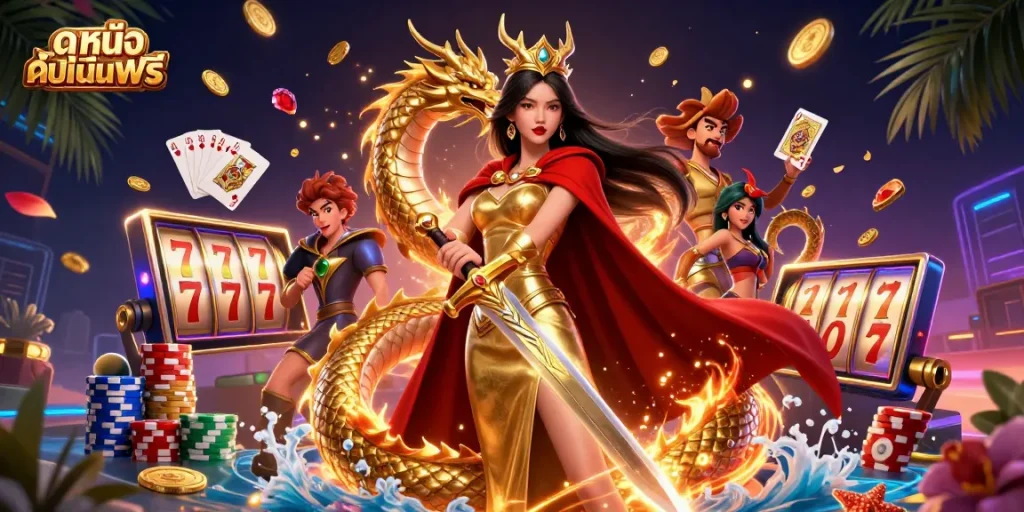 Engaging gameplay featuring ดูหนังออนไลน์ฟรี with vibrant slot reels and a warrior queen.