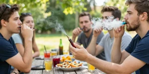 Friends enjoying weed pens in a relaxed outdoor gathering with snacks and greenery.