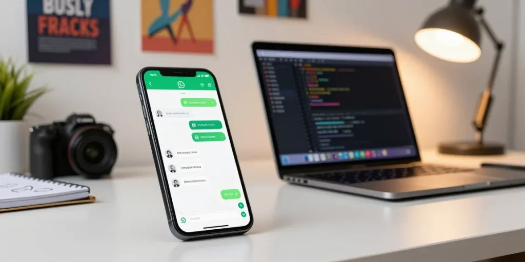 WhatsApp下載 on smartphone in a cozy home office setting with ambient lighting.