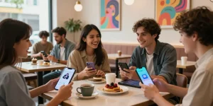 Engaging interaction with 18+ AI chatbots in a vibrant cafe setting, showcasing youthful social dynamics.