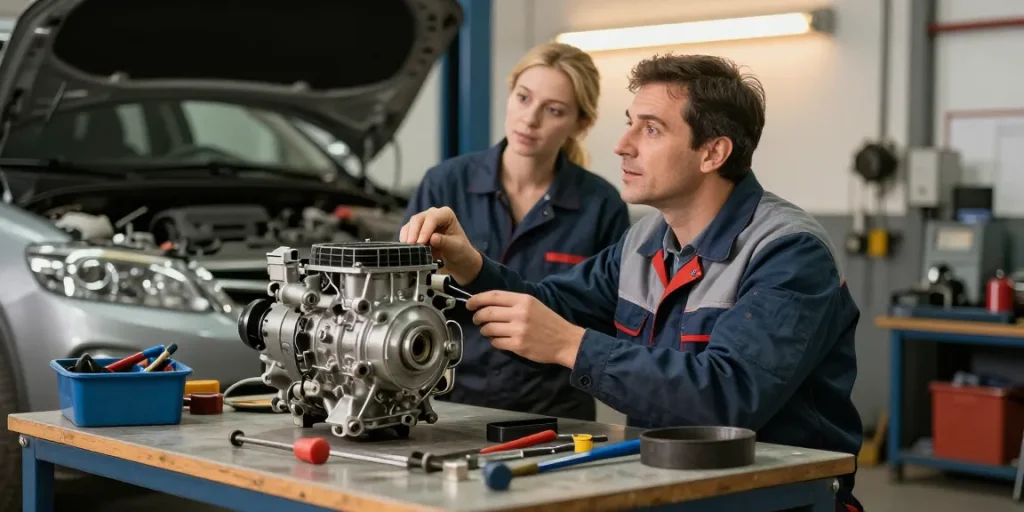 Inspection of a broken car air conditioning compressor by a trusted local business professional, showcasing quality services and community trust.