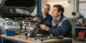 Inspection of a broken car air conditioning compressor by a trusted local business professional, showcasing quality services and community trust.