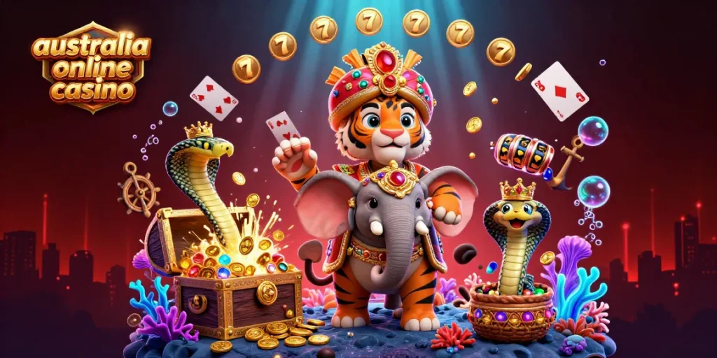 Experience the vibrant world of the australia online casino with animated characters and game elements bursting with excitement.