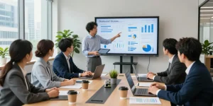 Engaged team discussing business telephone systems in a modern office setting, showcasing collaboration and data presentation.