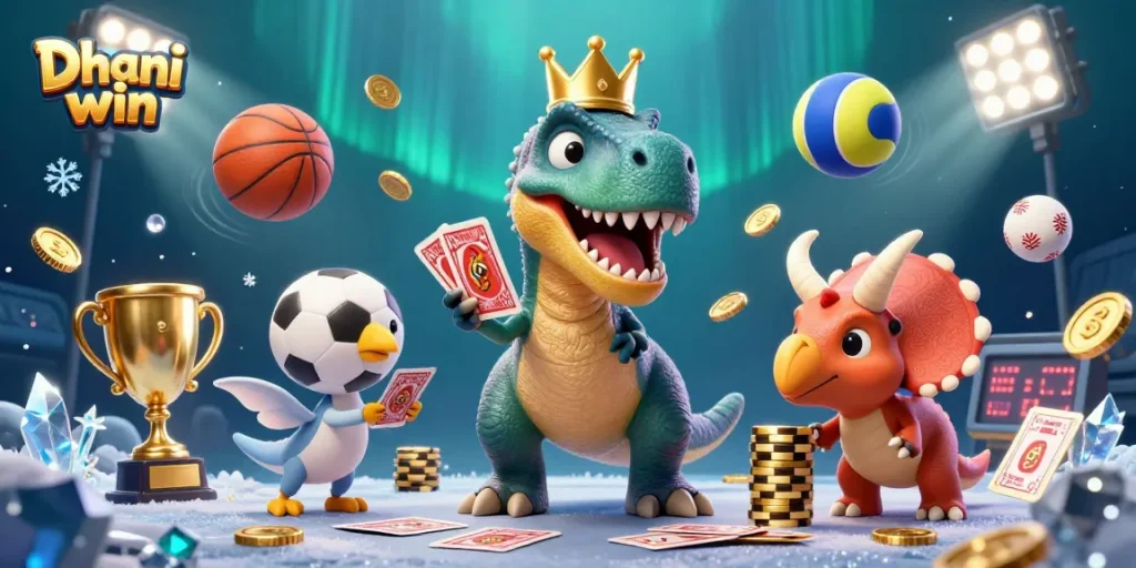 Dhani win illustration showcasing a friendly T-Rex and gaming characters surrounded by casino and lottery elements, enhancing the gaming experience.