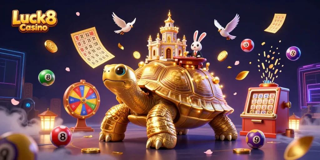 Luck8 Casino showcases a vibrant 3D scene with a golden tortoise and dynamic gambling elements.