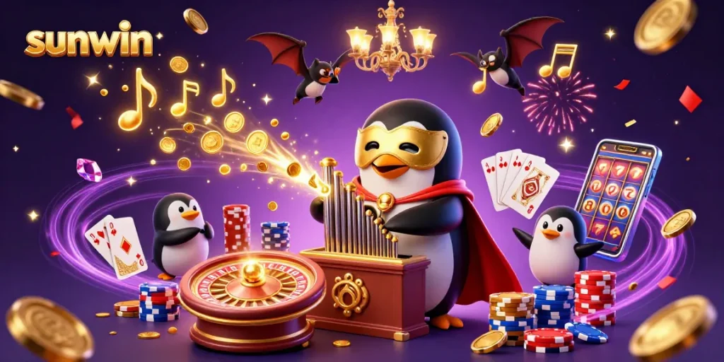 Experience thrilling wins with Sunwin in this vibrant 3D casino scene full of action.
