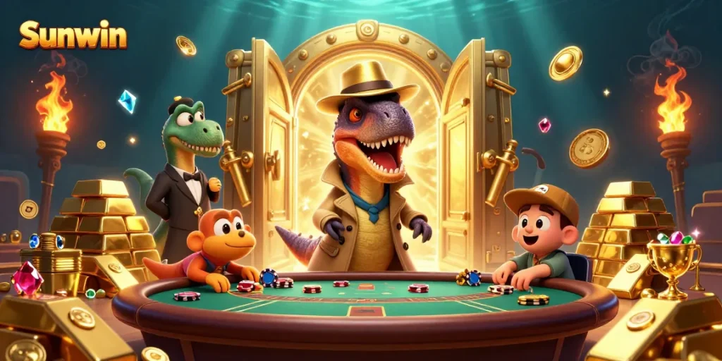 Experience thrilling wins at Sunwin with lively 3D characters amidst rich casino treasures.