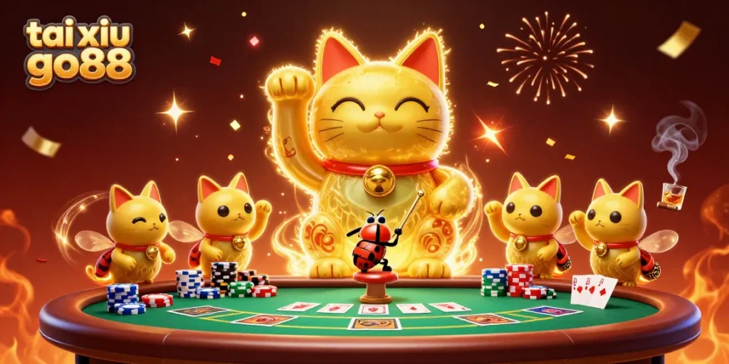 Engage with tai xiu go88 in a vibrant gambling scene featuring a giant lucky cat and poker elements.