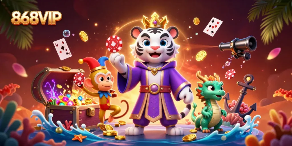 Engage in thrilling games at 868VIP with vibrant casino elements and lively characters.